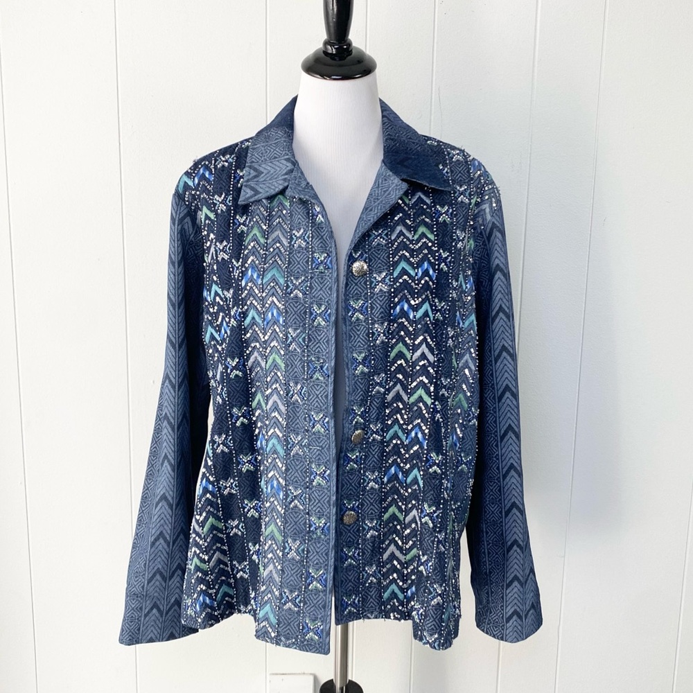 Coldwater Creek XL Jean Jacket Western‎ Aztec Concho Blue Beaded Sequins Cowgirl